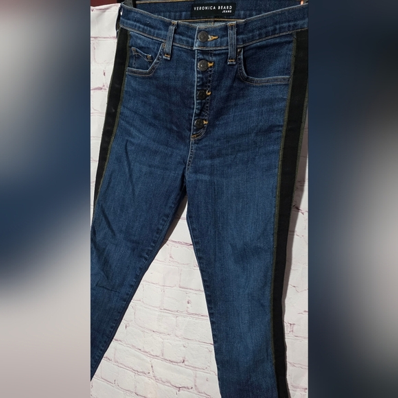Veronica Beard Debbie Skinny Blue Jeans with Gold Stripe Raw Frayed Hem Sz 28 - Picture 2 of 9